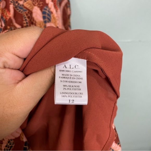 ALC Silvie Silk Mini Dress Ginger Combo Smocked Abstract Metallic Sz 12 - Picture 6 of 11